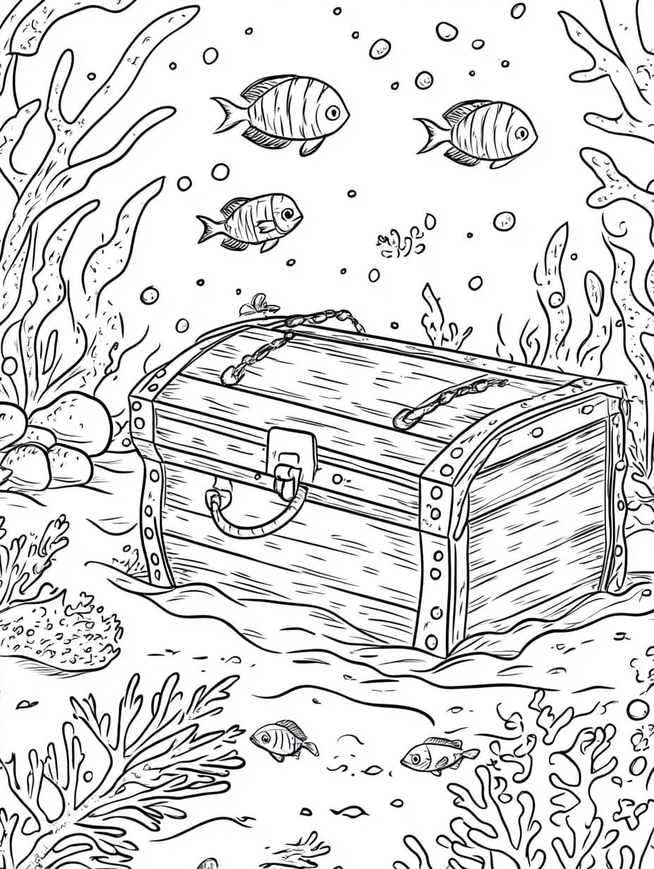 Treasure Chest On The Ocean Coloring Pages