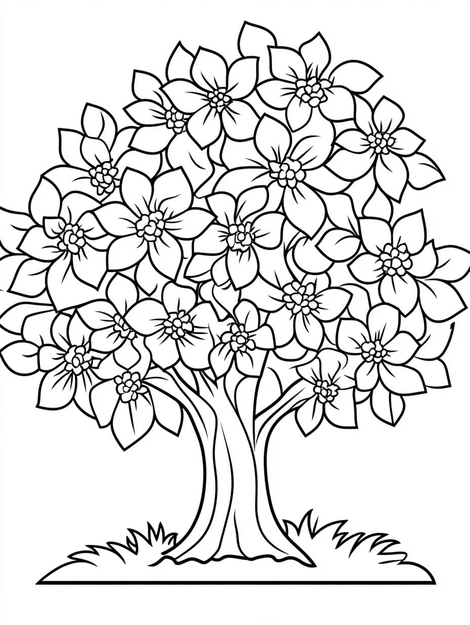 Tree With Flower Coloring Pages For Kids