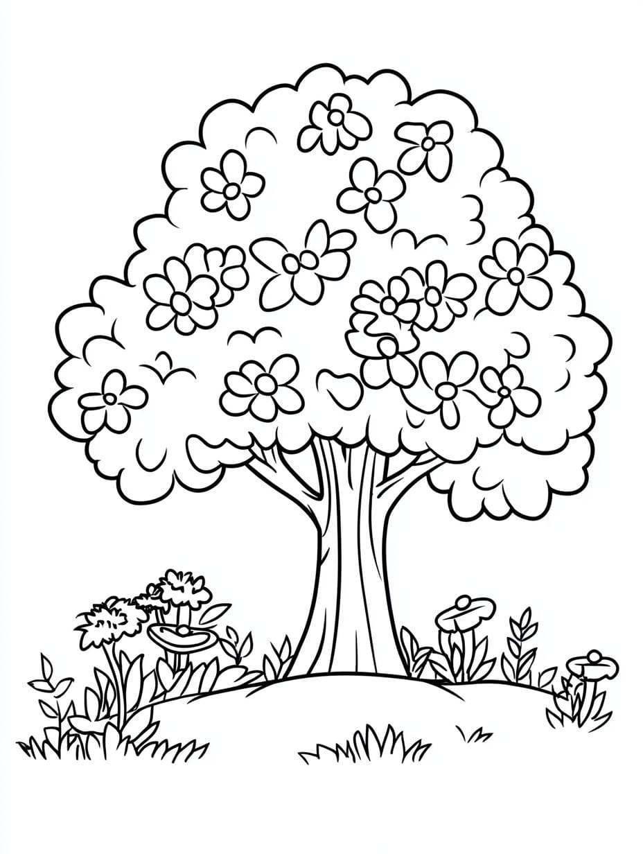 Tree With Flower Coloring Pages