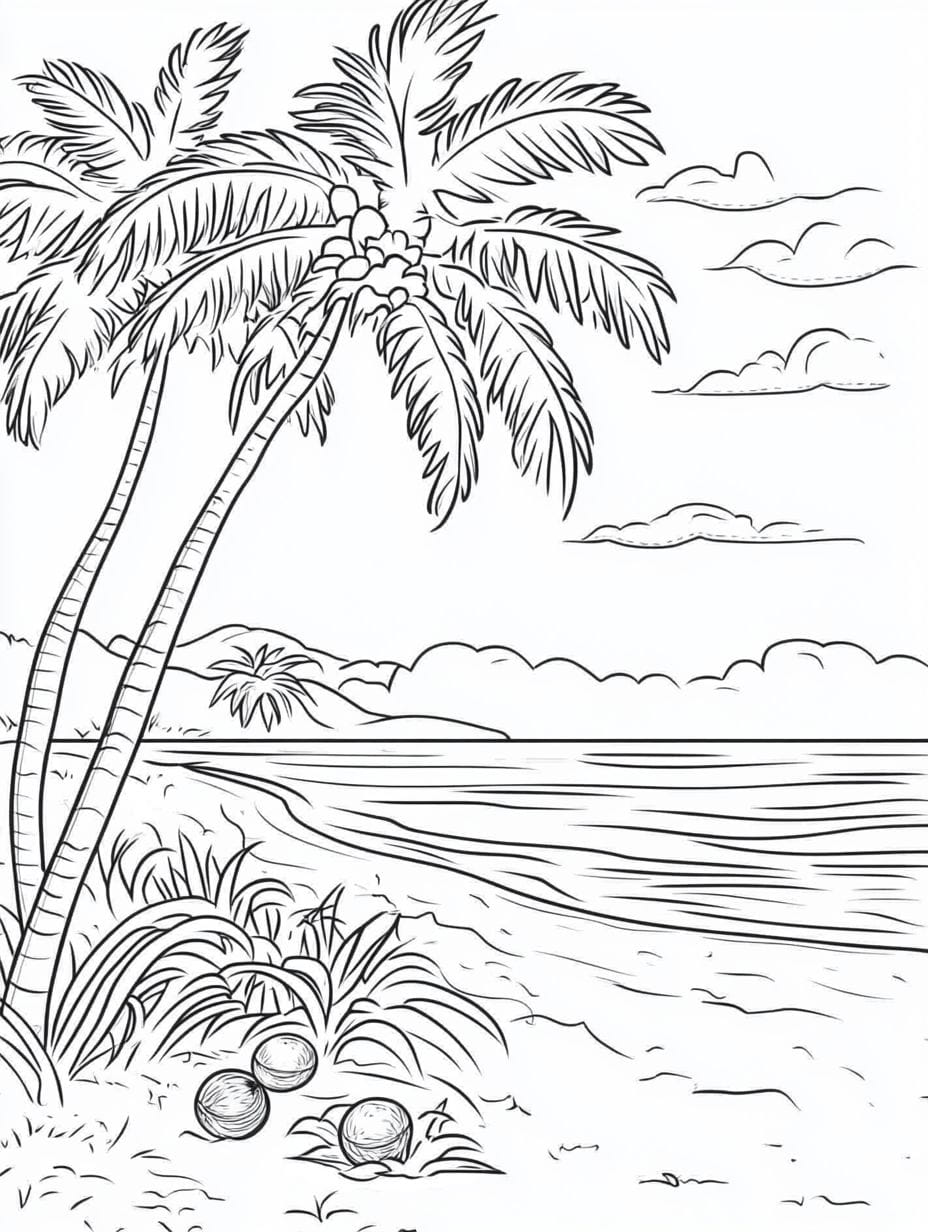 Tropical Beach With Palm Trees A Peaceful Beach Coloring Pages