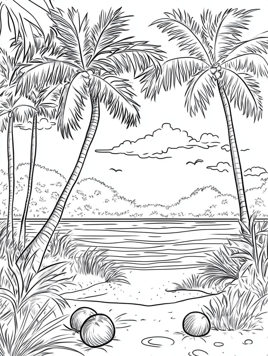 Tropical Beach With Palm Trees Coloring Sheets