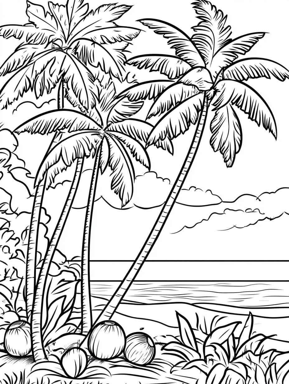 Tropical Beach With Palm Trees On The Beach Coloring Pages