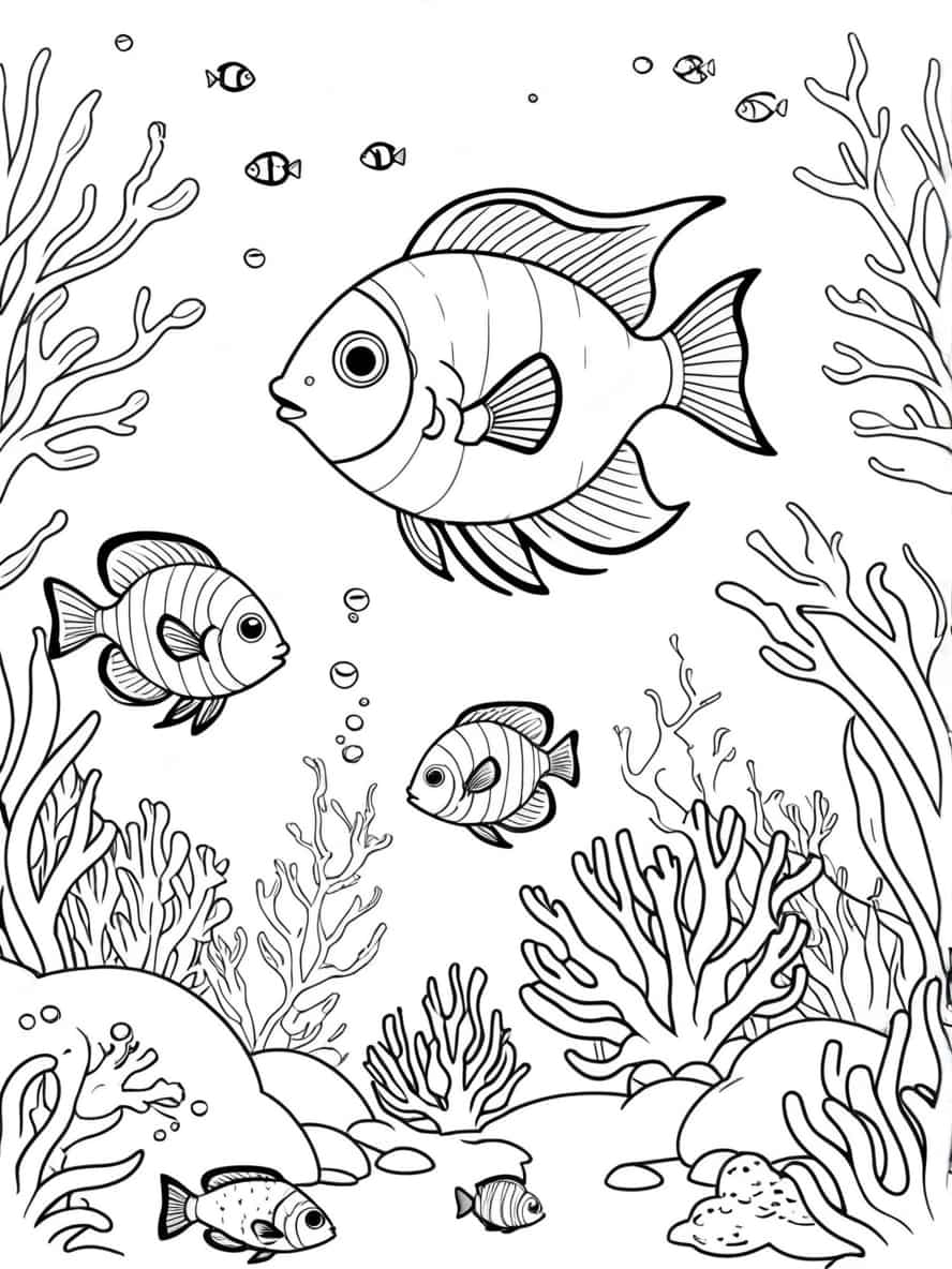 Tropical Fish Swimming Through Coral Coloring Pages