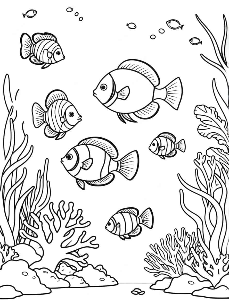 Tropical Fish Swimming Through Coral Reefs Coloring Pages