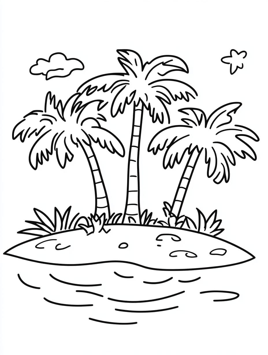 Tropical Island With Coconut Coloring Pages For Kids