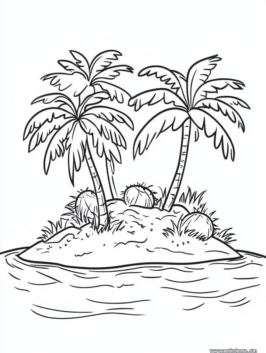 Tropical Island With Coconut Trees Beach Coloring Pages