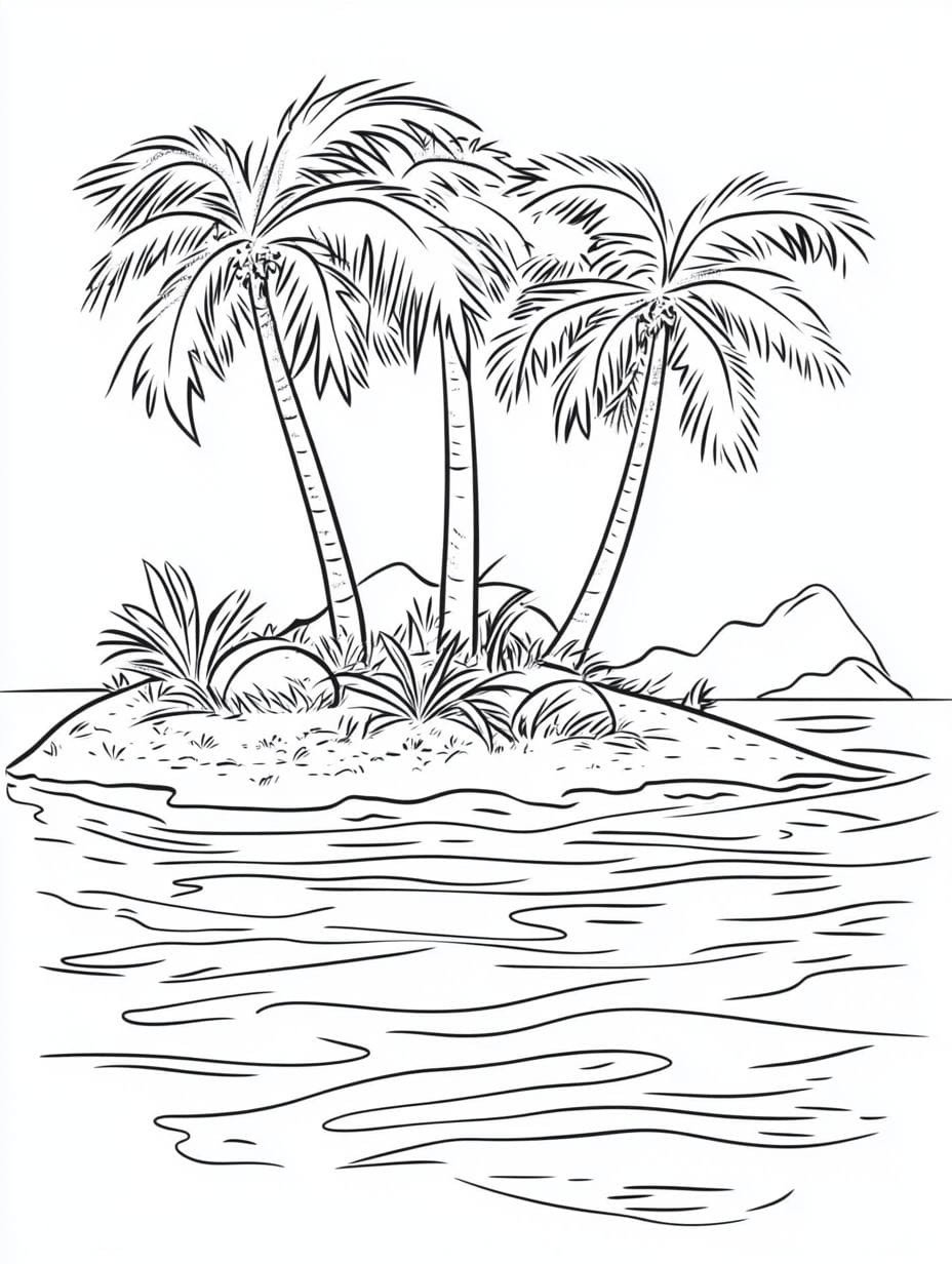 Tropical Island With Coconut Trees Coloring Pages