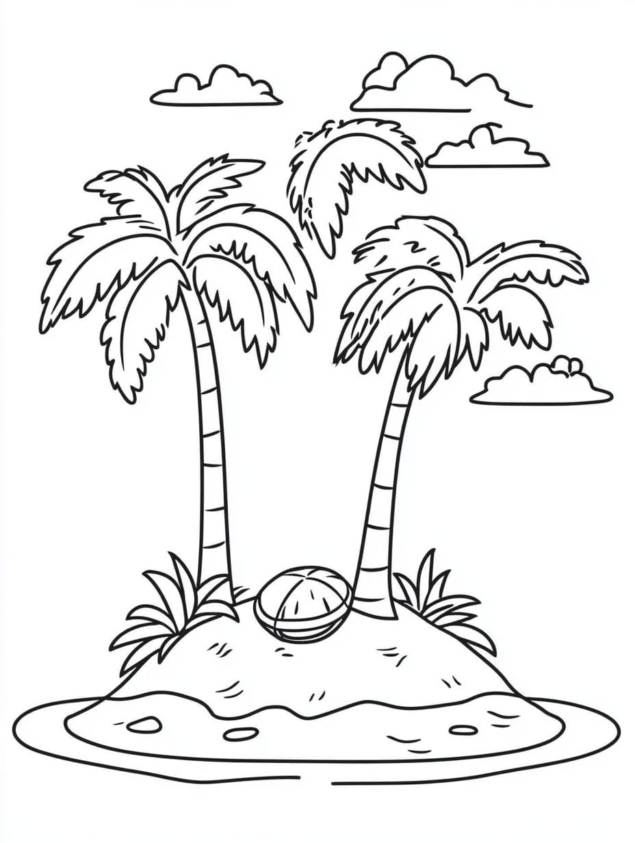 Tropical Island With Coconut Trees Coloring Sheets