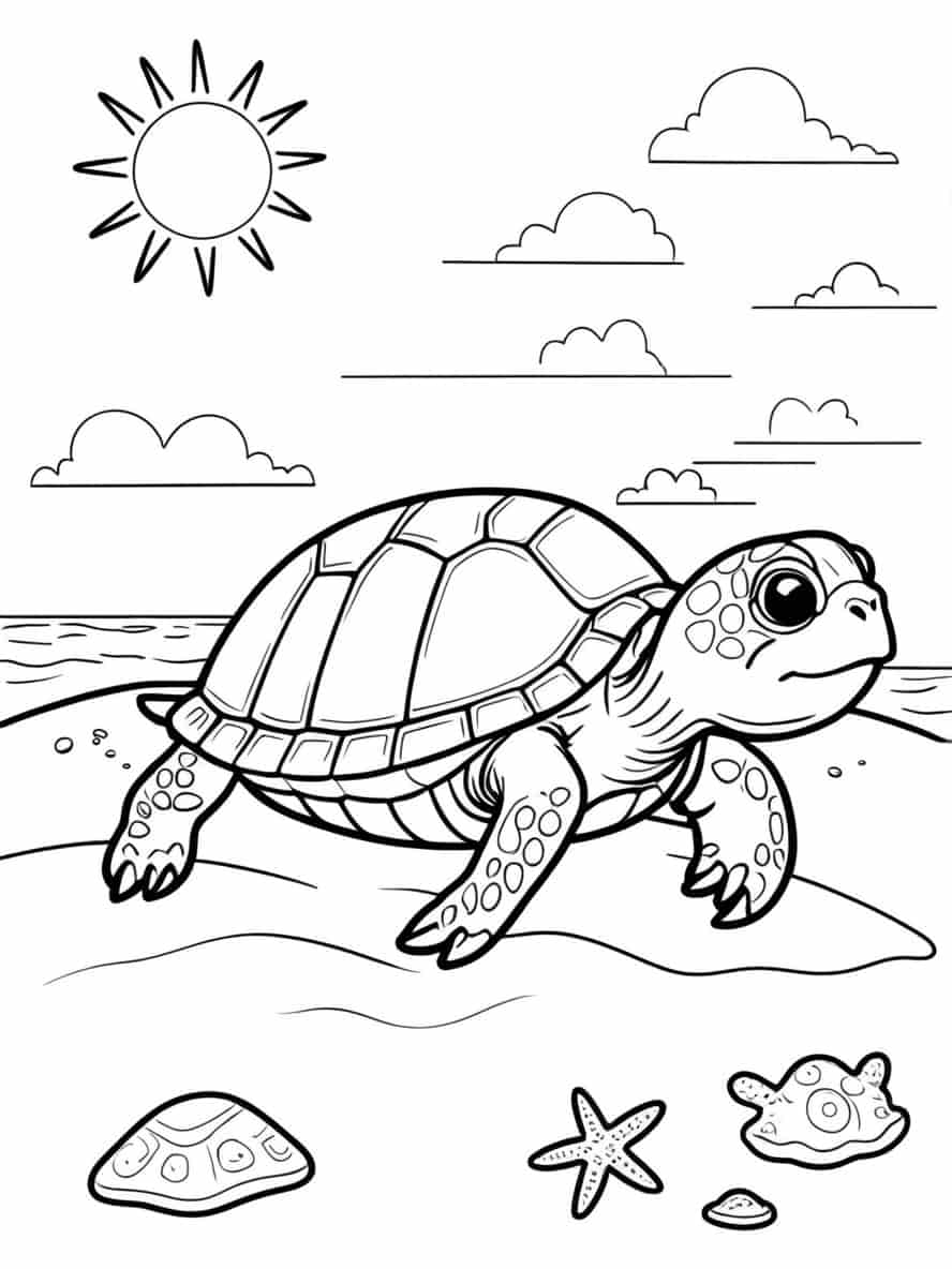 Turtle Sun Baking On Beach Coloring Pages