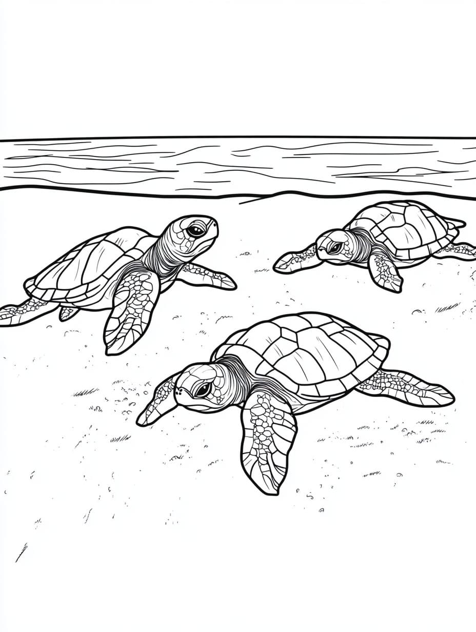 Turtles Heading To The Ocean Coloring Pages