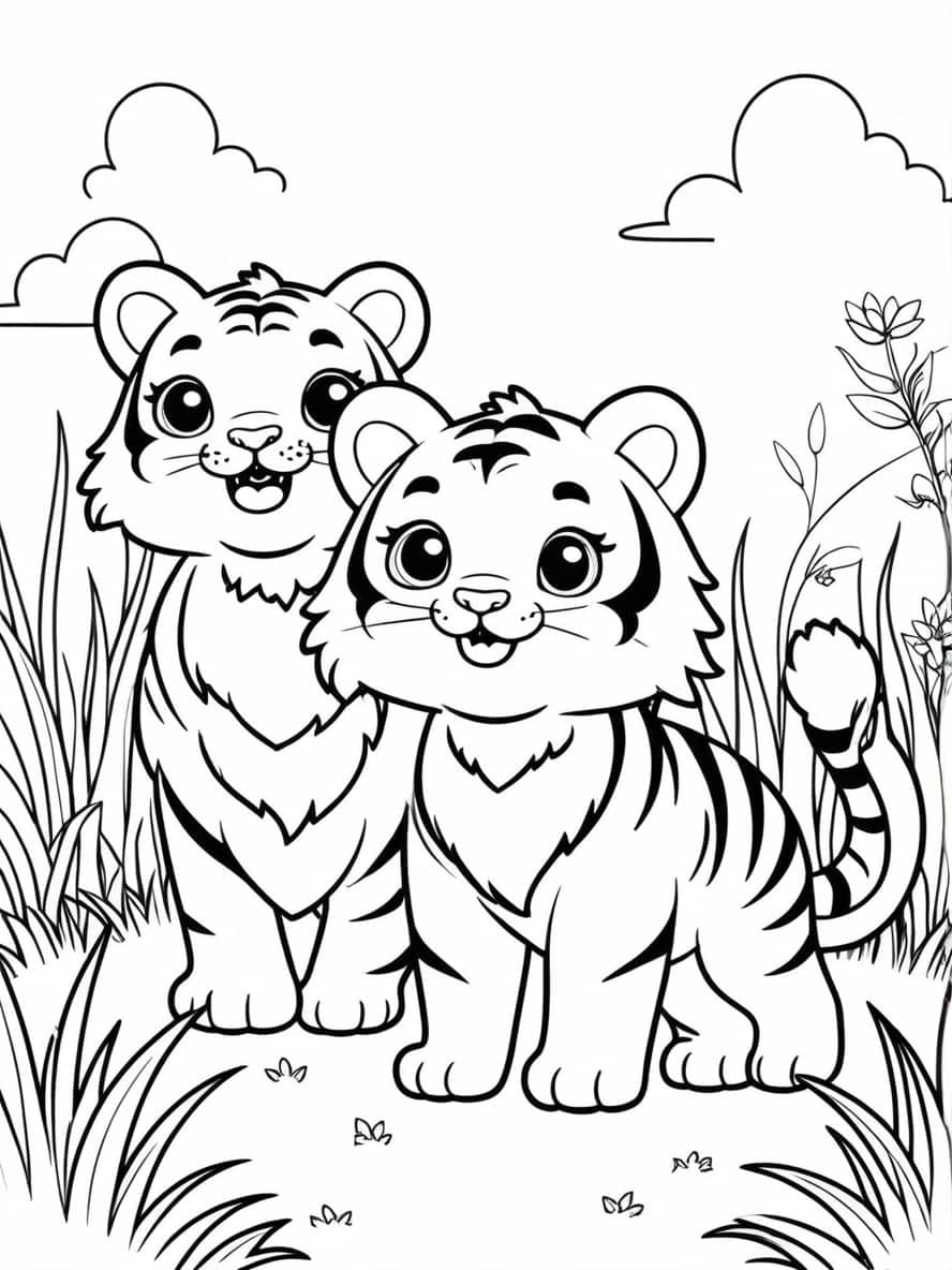 Two Cute Kawaii Tigers Coloring Pages