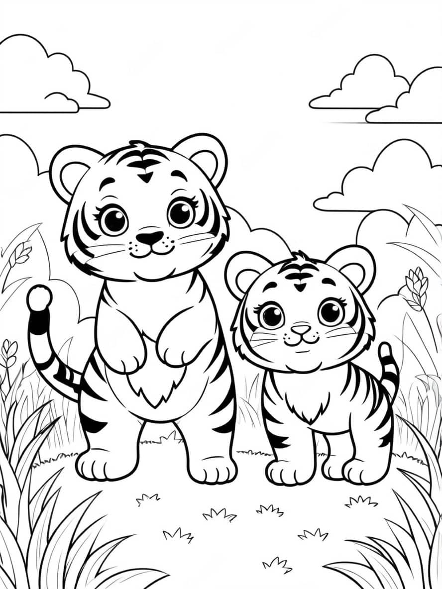 Two Cute Kawaii Tigers Standing On Grass Coloring Pages