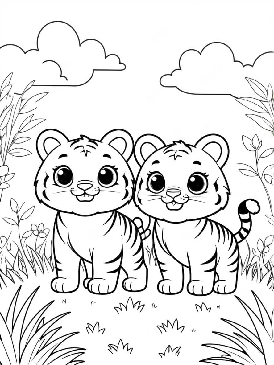 Two Cute Tigers Sitting On Grass Coloring Pages