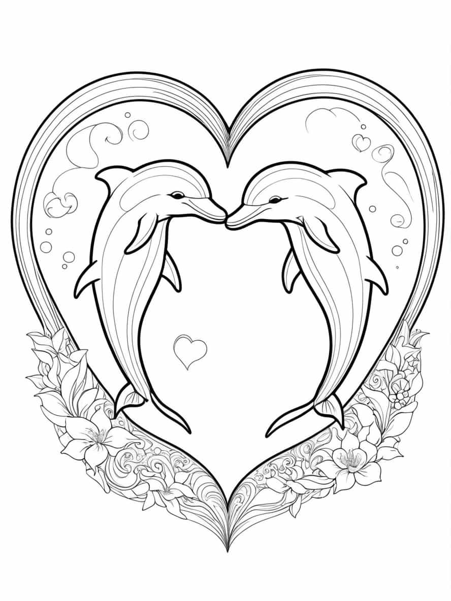 Two Dolphins Shaped In A Love Heart Coloring Pages