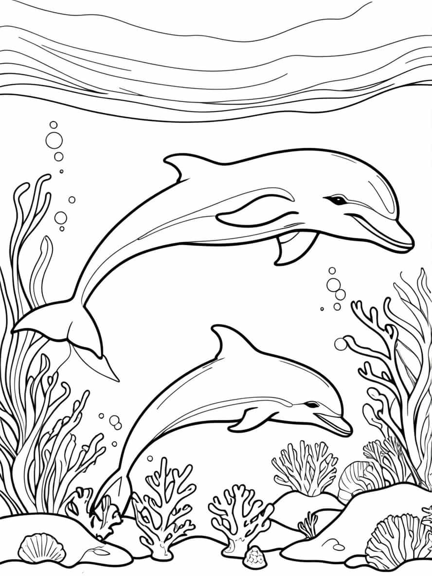 Two Dolphins Swimming On Reef Coloring Pages