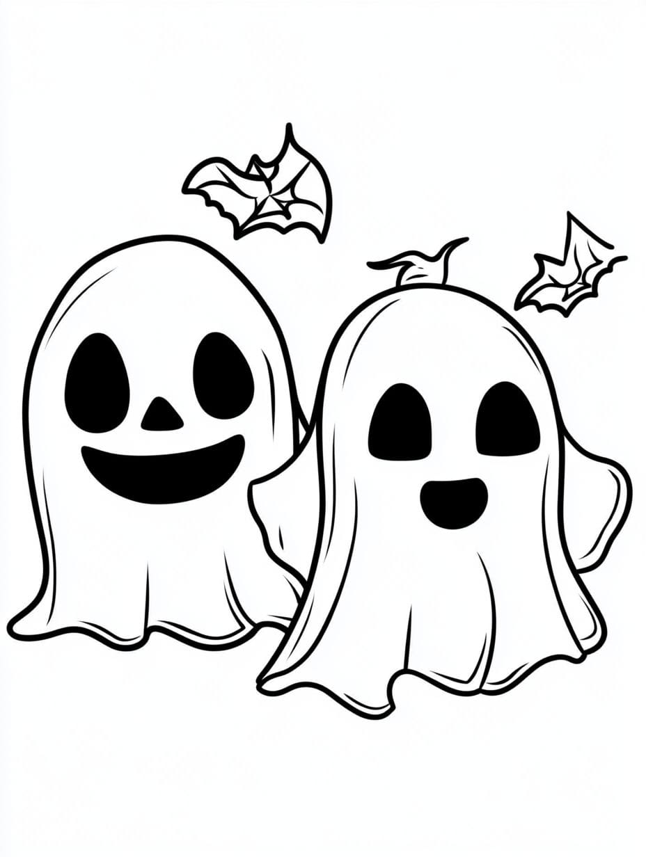 Two Ghosts With Halloween Creatures Coloring Pages