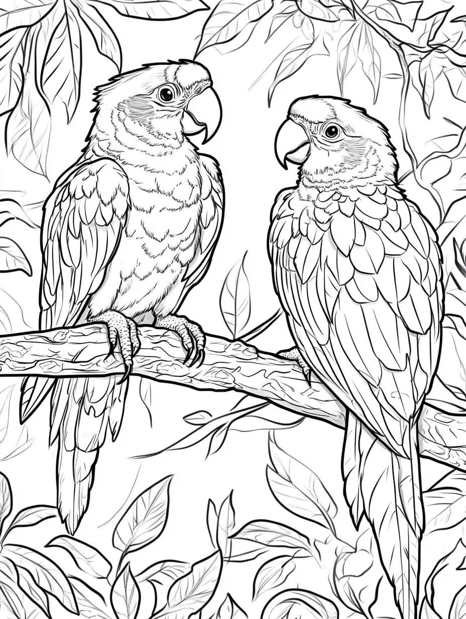 Two Macau Parrots In The Jungle Coloring Page