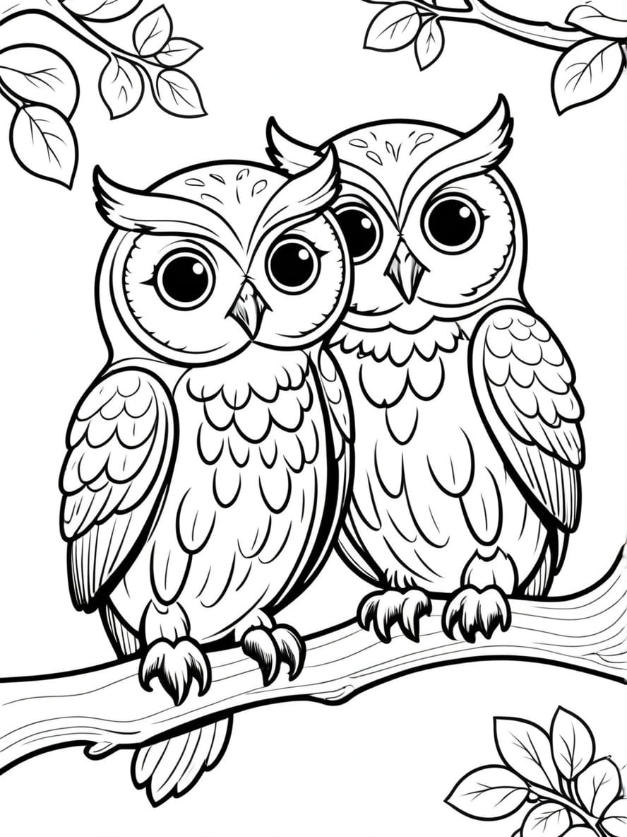 Two Owls Sitting On A Tree Together Coloring Sheet