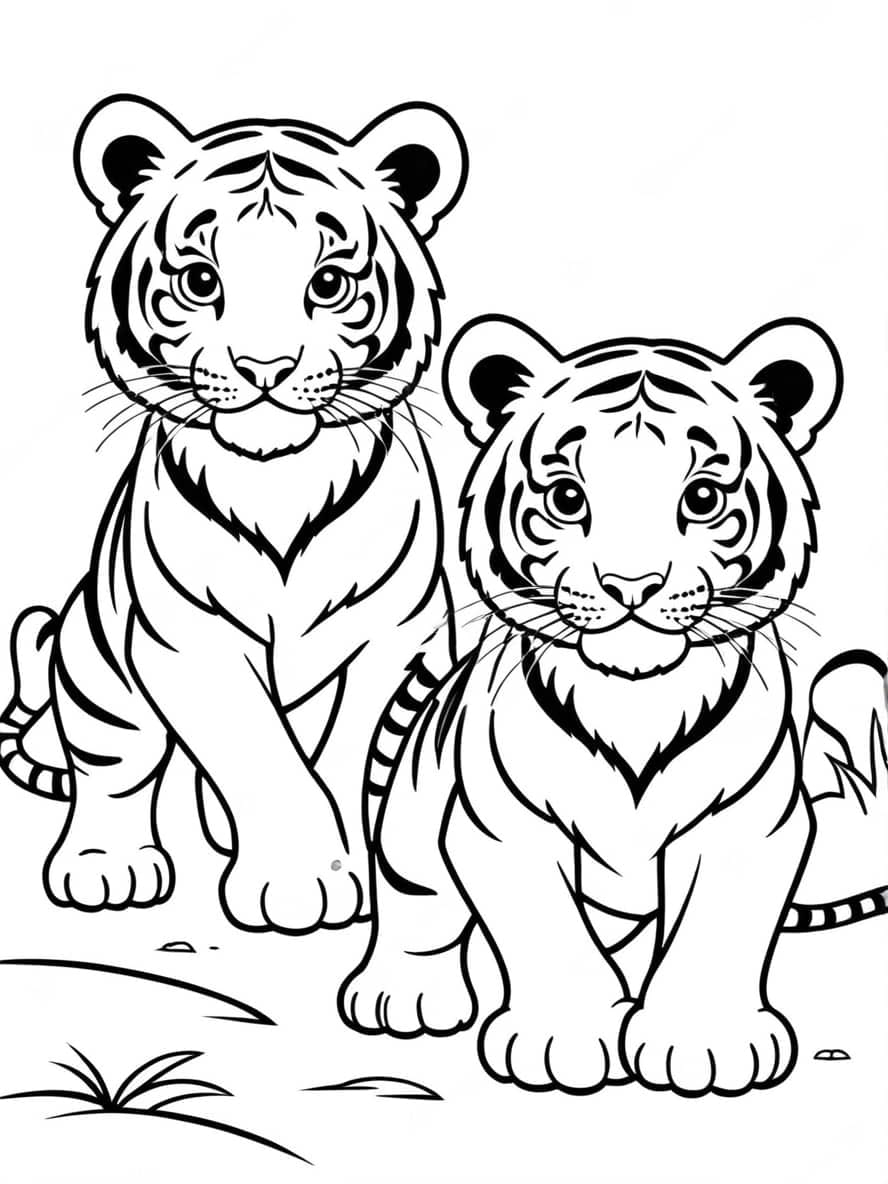 Two Tiger Cubs About To Pounce Coloring Pages