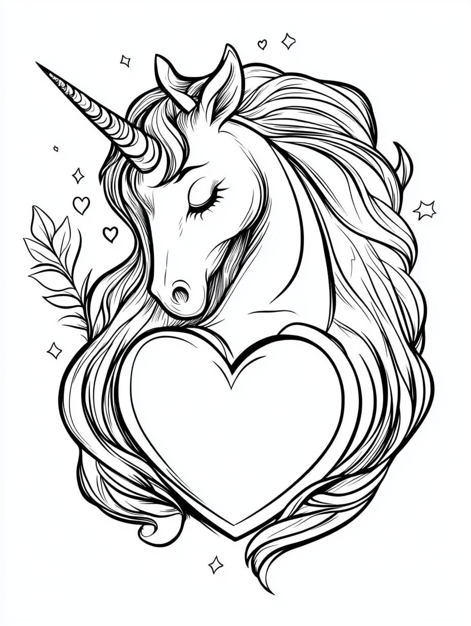 Unicorn Hugging Heart Coloring Pages