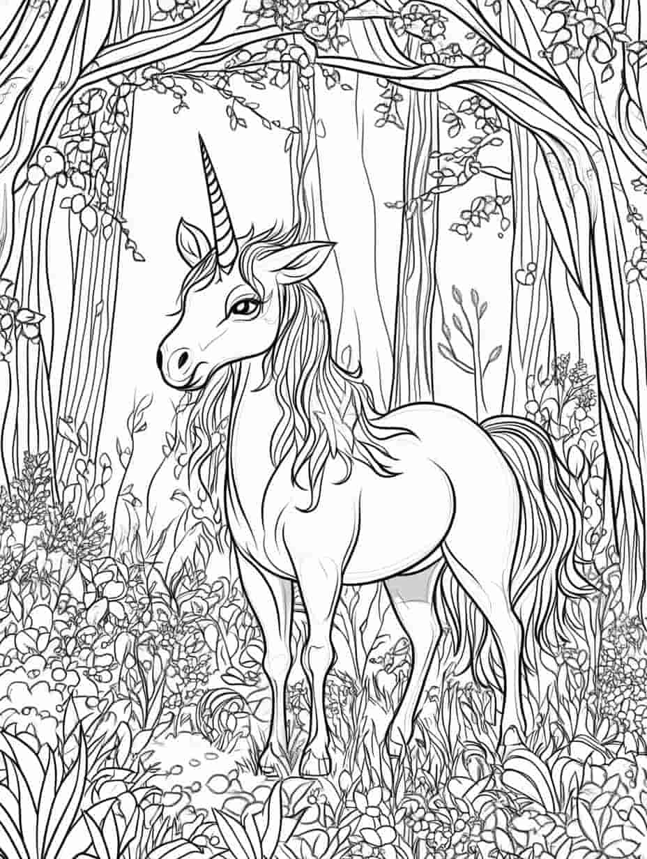 Unicorn In The Forest Coloring Pages