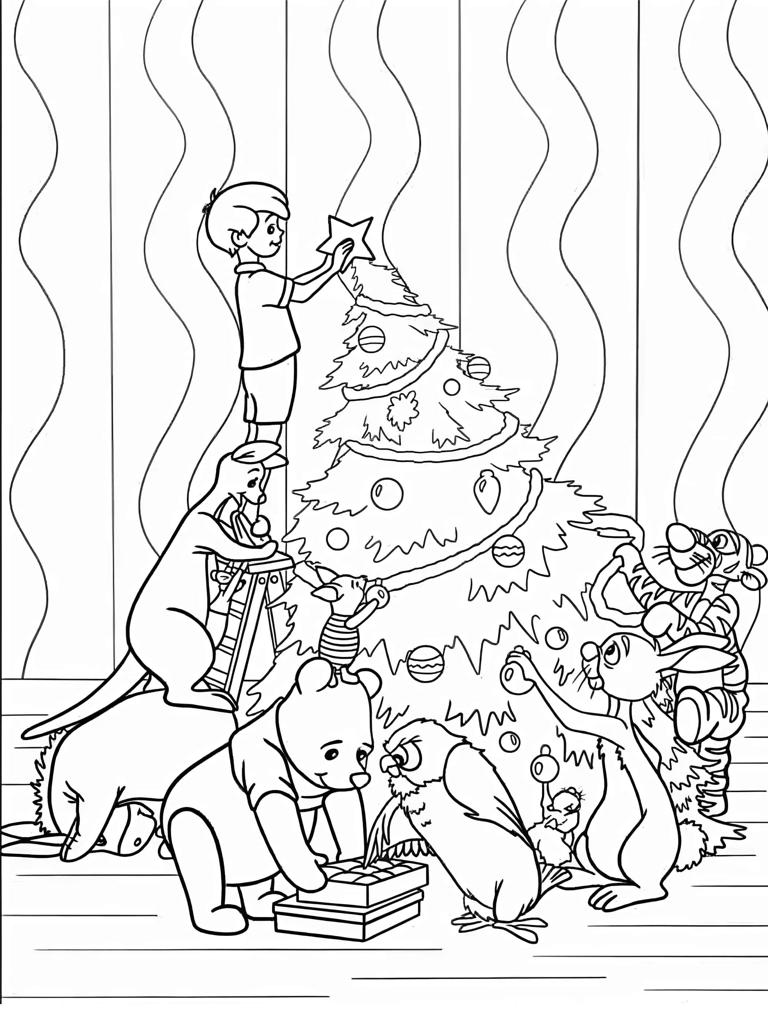 Winnie The Pooh Decorate Christmas Tree Coloring Pages For Kids