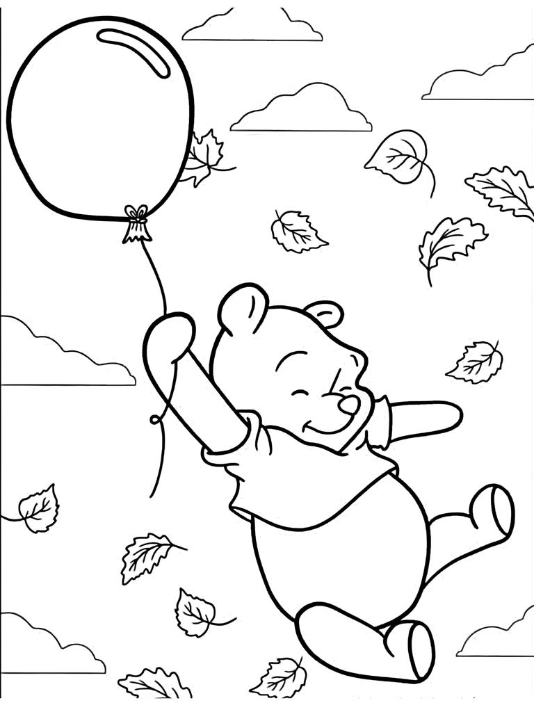 Winnie The Pooh With Balloon And Fall Leaves Coloring Page