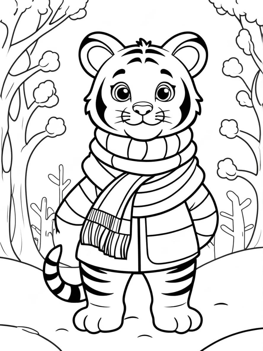 Winter Themed Tiger Wearing Scarf Coloring Pages