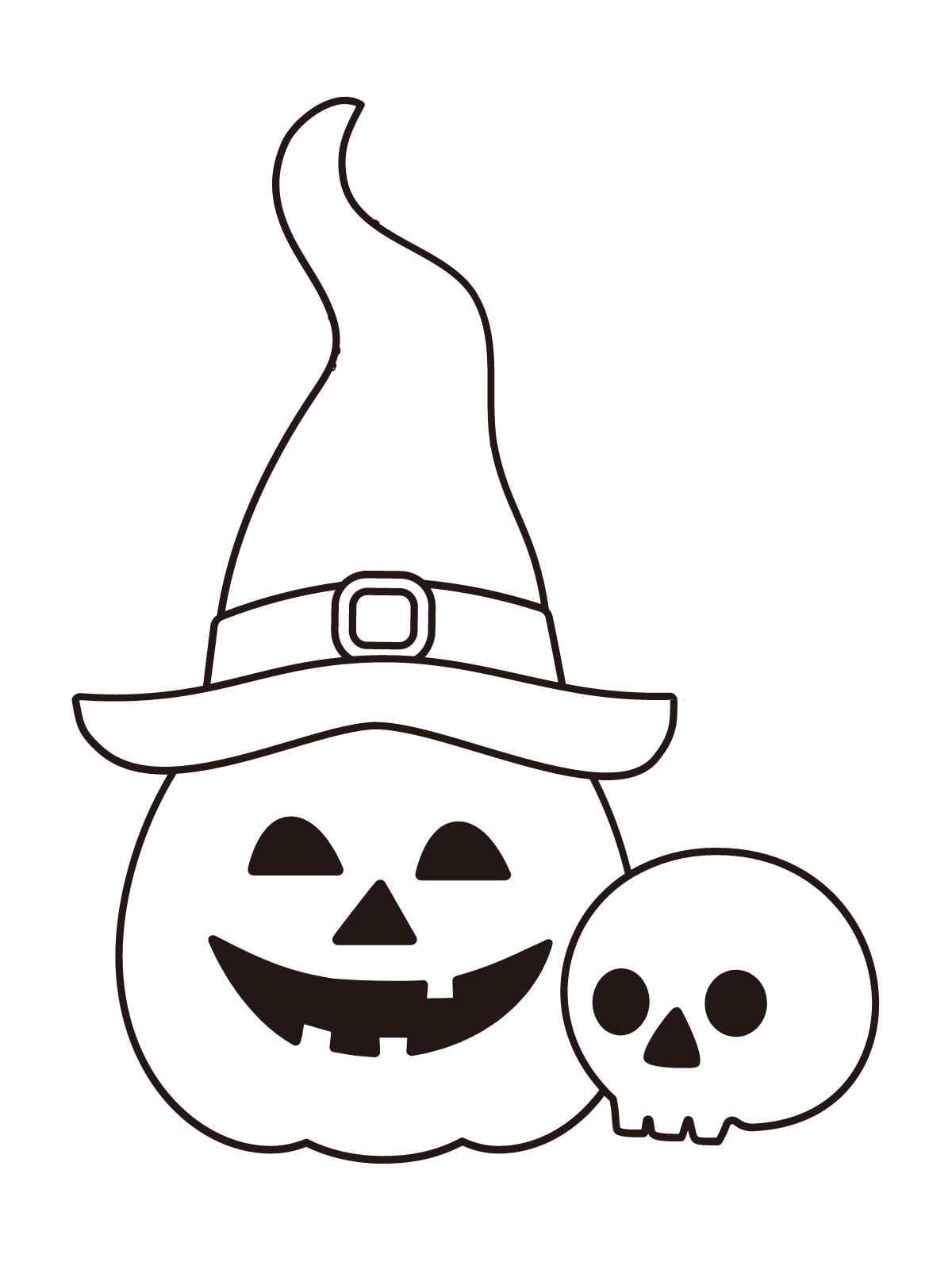 Witch Hat Halloween Pumpkin With Skull Coloring Pages