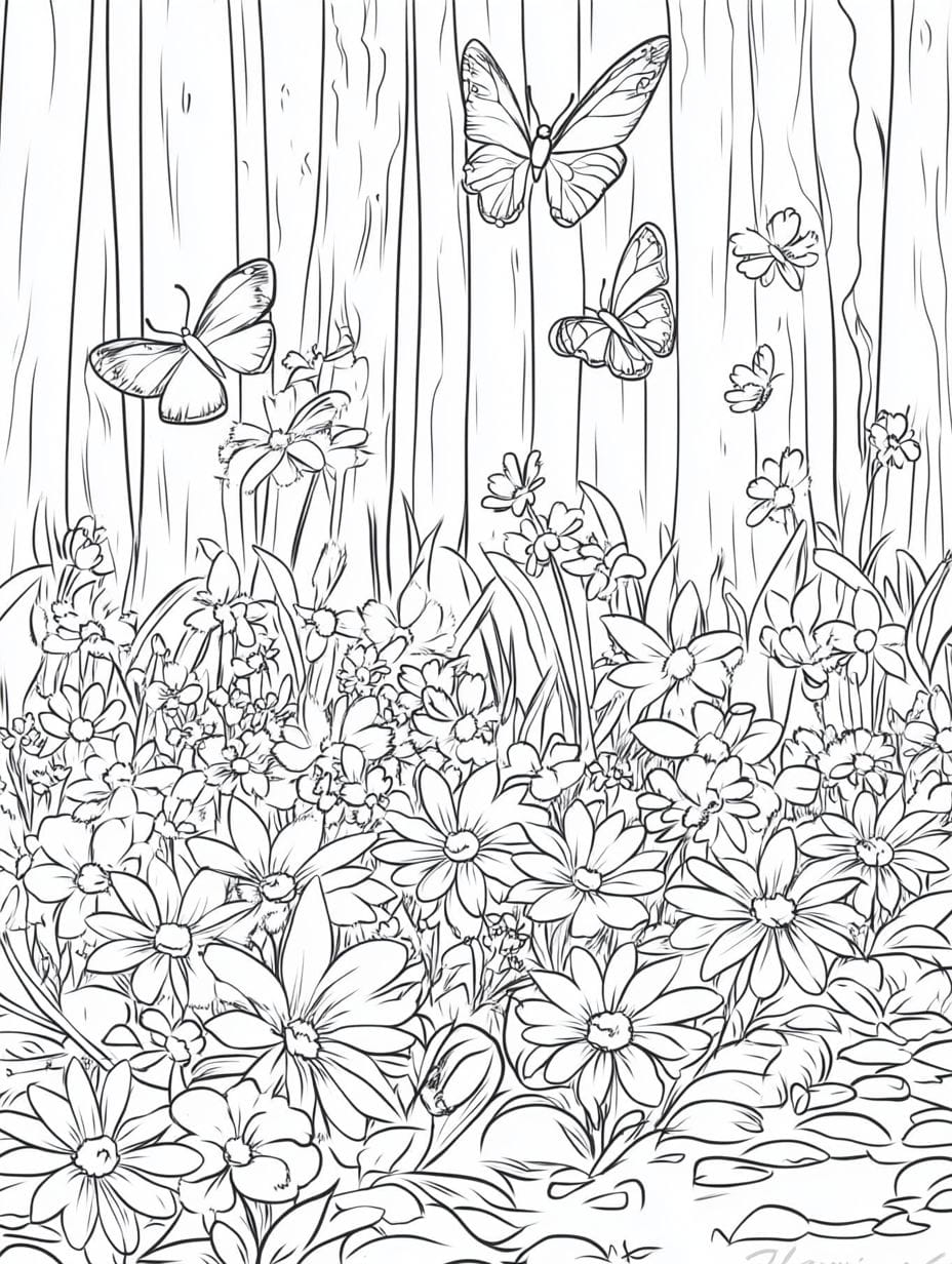 Woodland Flowers And Butterfly Coloring Pages