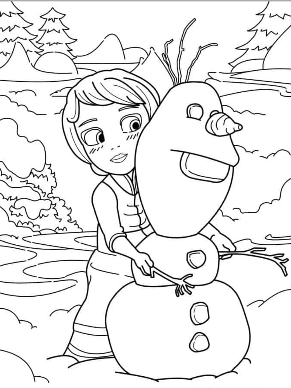 Young Elsa And Olaf In The Snow Coloring Page