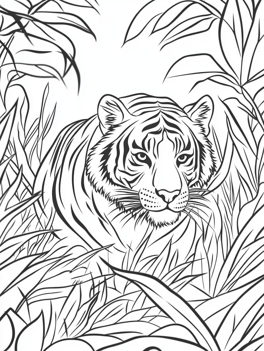 Young Tiger In The Jungle Coloring Page For Kids