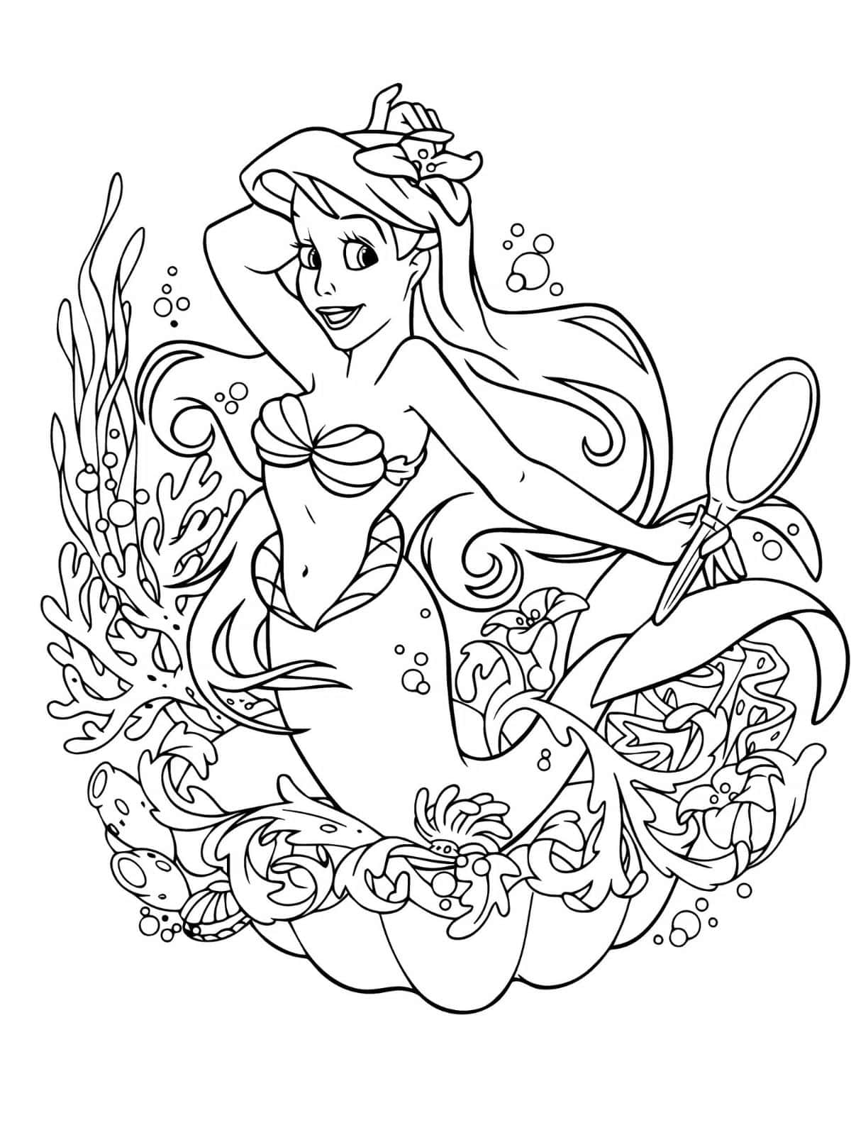 Ariel With Coral Reef Coloring Pages