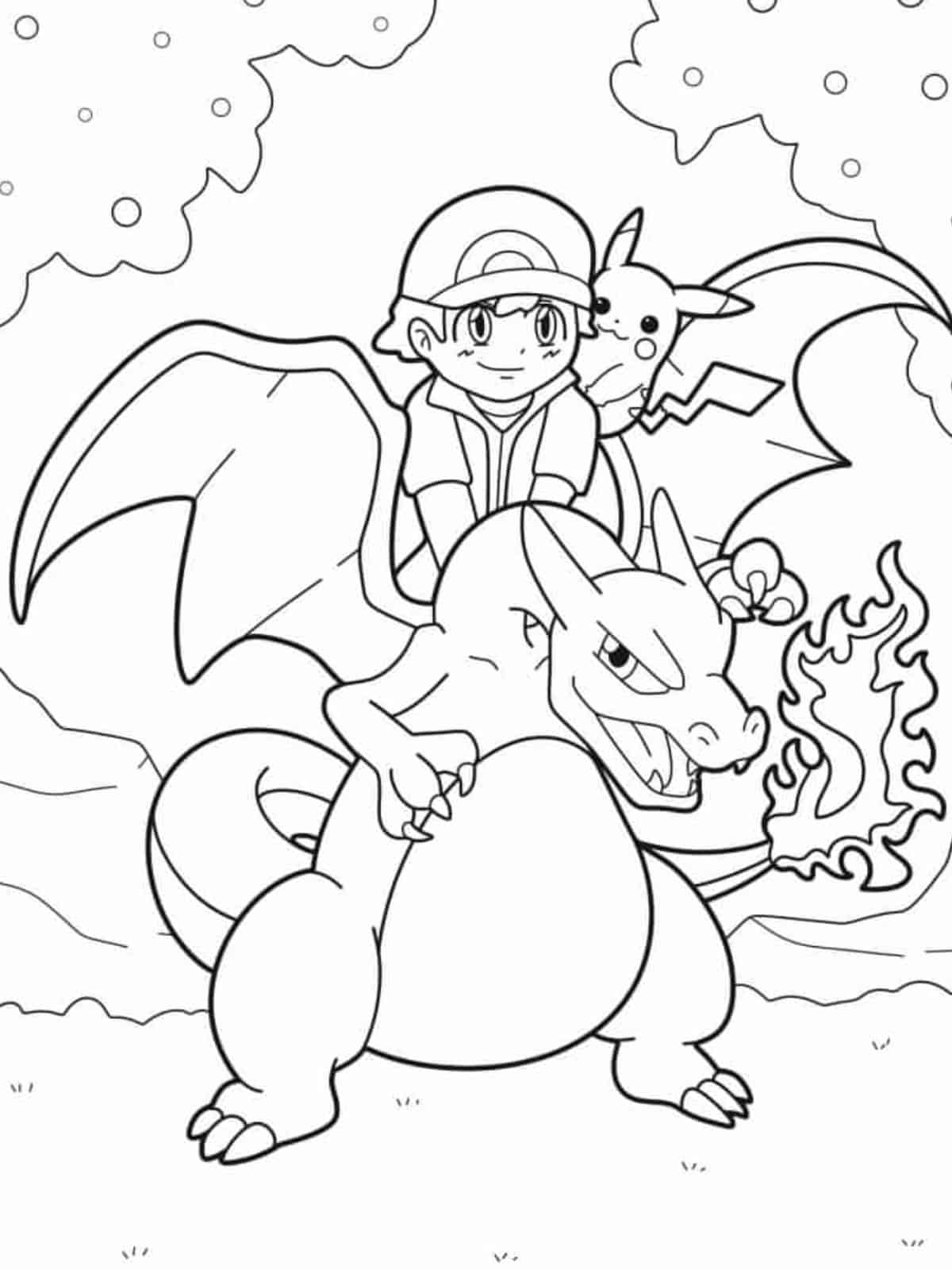 Ash And Pikachu On Charizard’s Back Coloring Pages