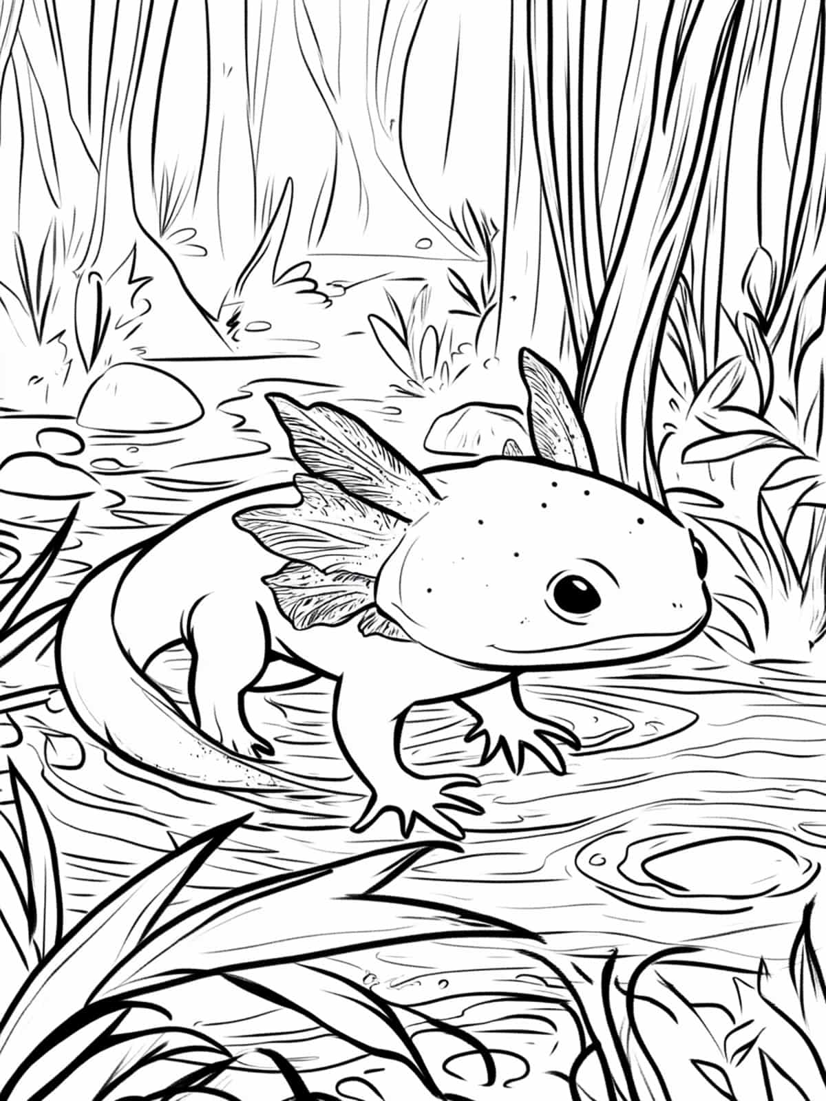 Axolotl In A Forest Stream Coloring Pages