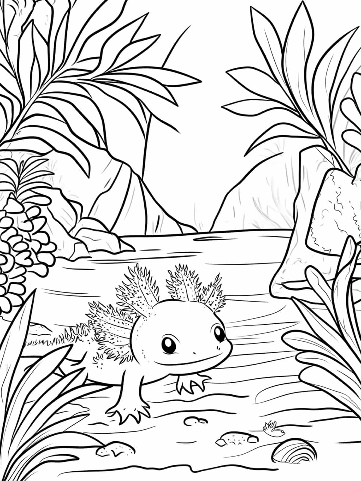 Axolotl On A Tropical Island Coloring Page