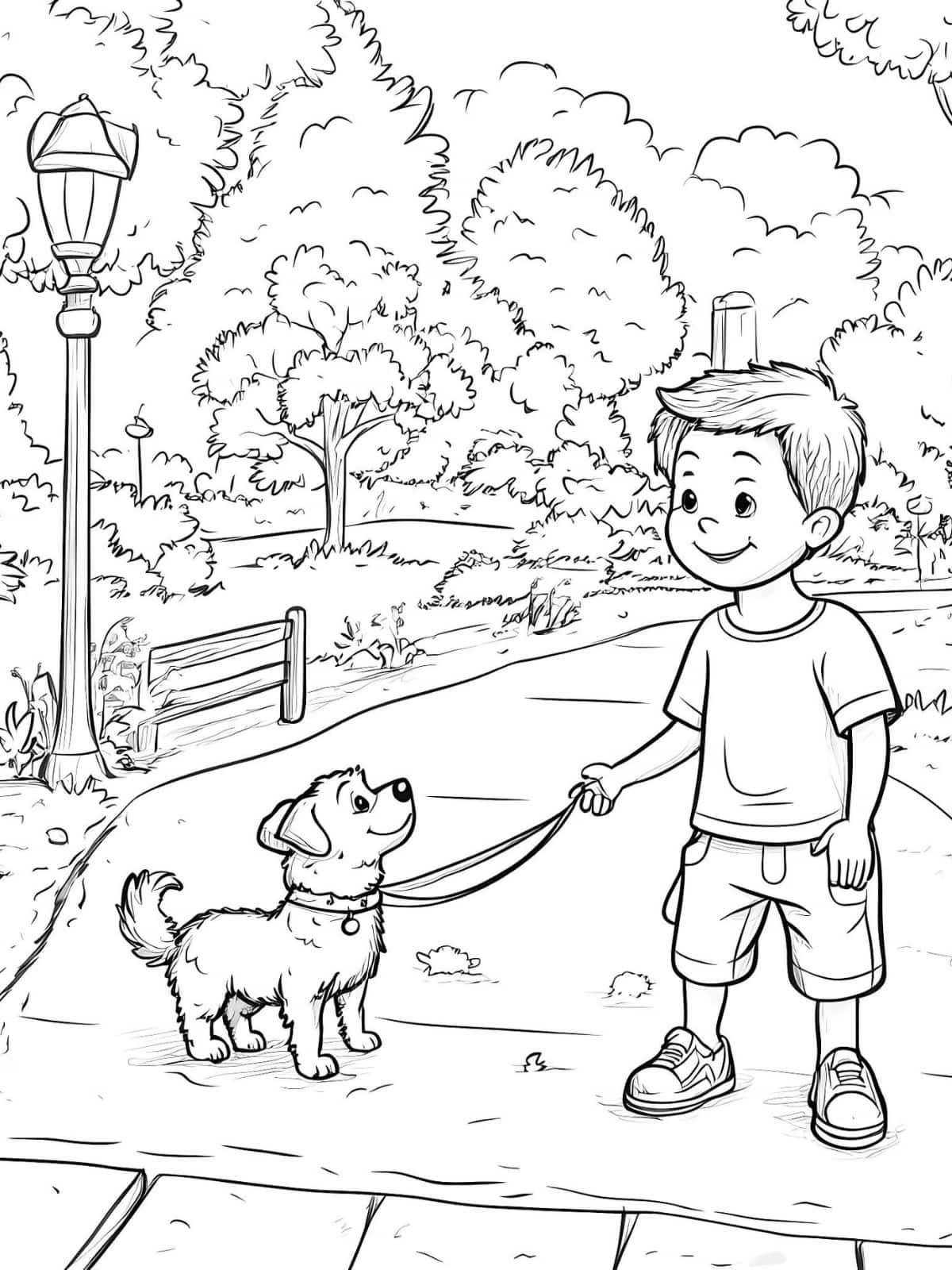 Baby Boy With Dog In The Park Coloring Pages