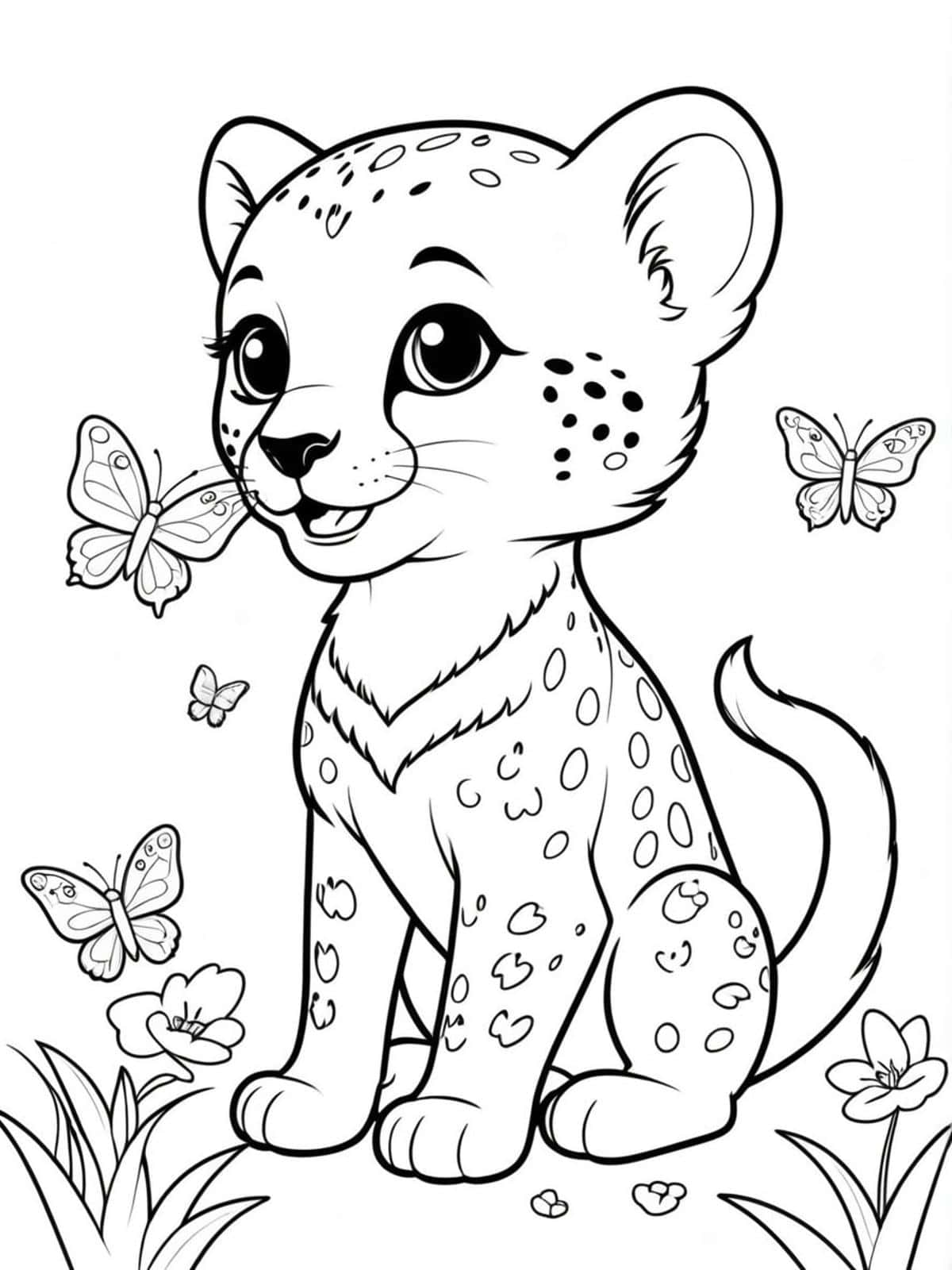 Baby Cheetah Playing With Butterflies Coloring Pages