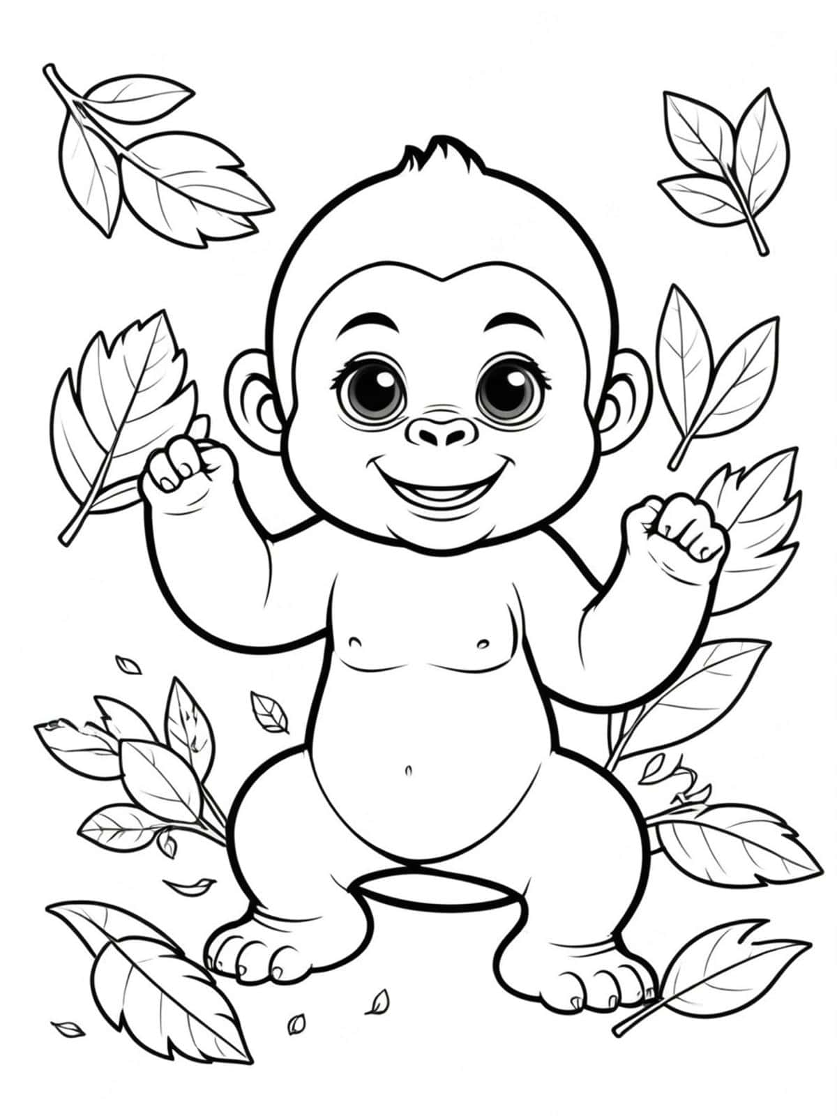 Baby Gorilla Playing With Leaves Coloring Pages