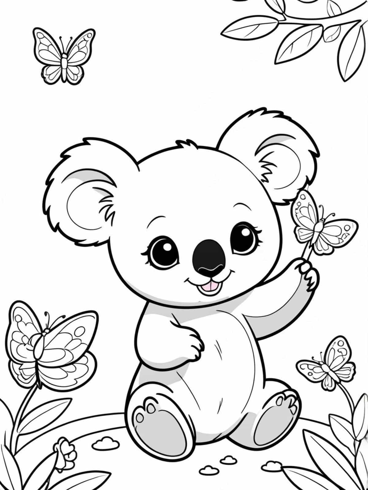 Baby Koala Playing With Butterflies Coloring Page