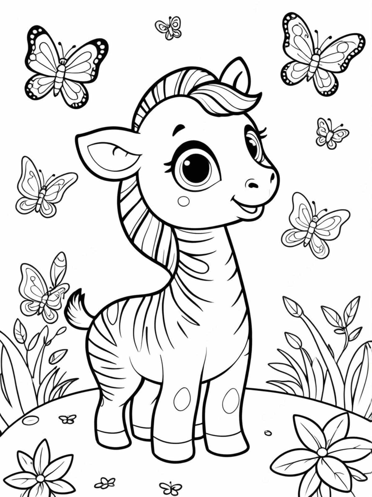 Baby Zebra Playing With Butterflies Coloring Pages