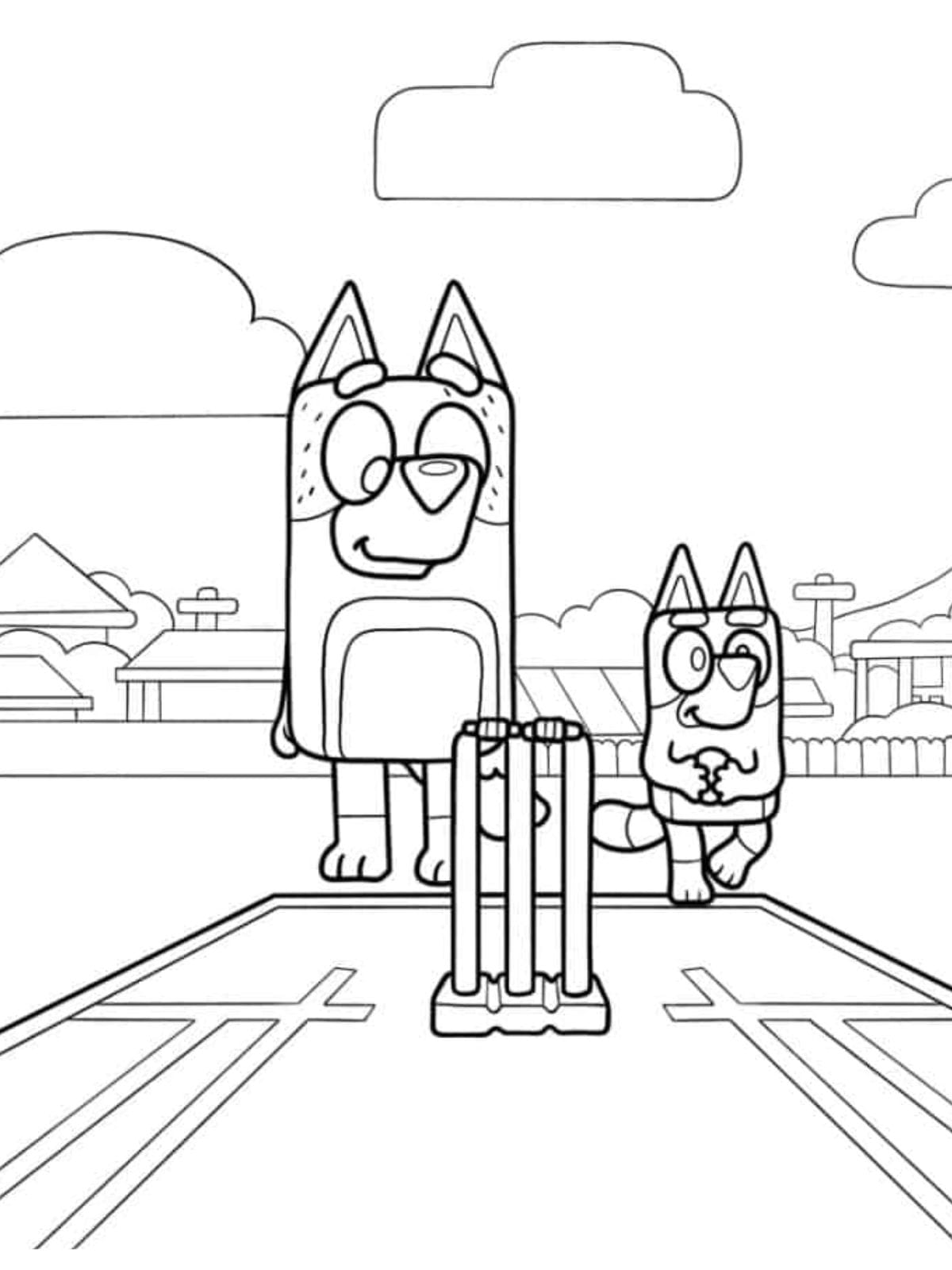 Bandit And Bluey Playing Cricket Coloring Pages For Kids