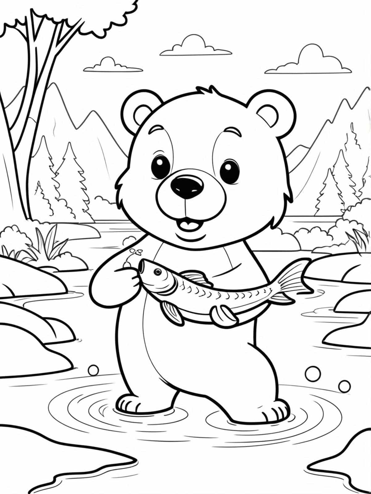 Bear Catching Fish In A River Coloring Pages