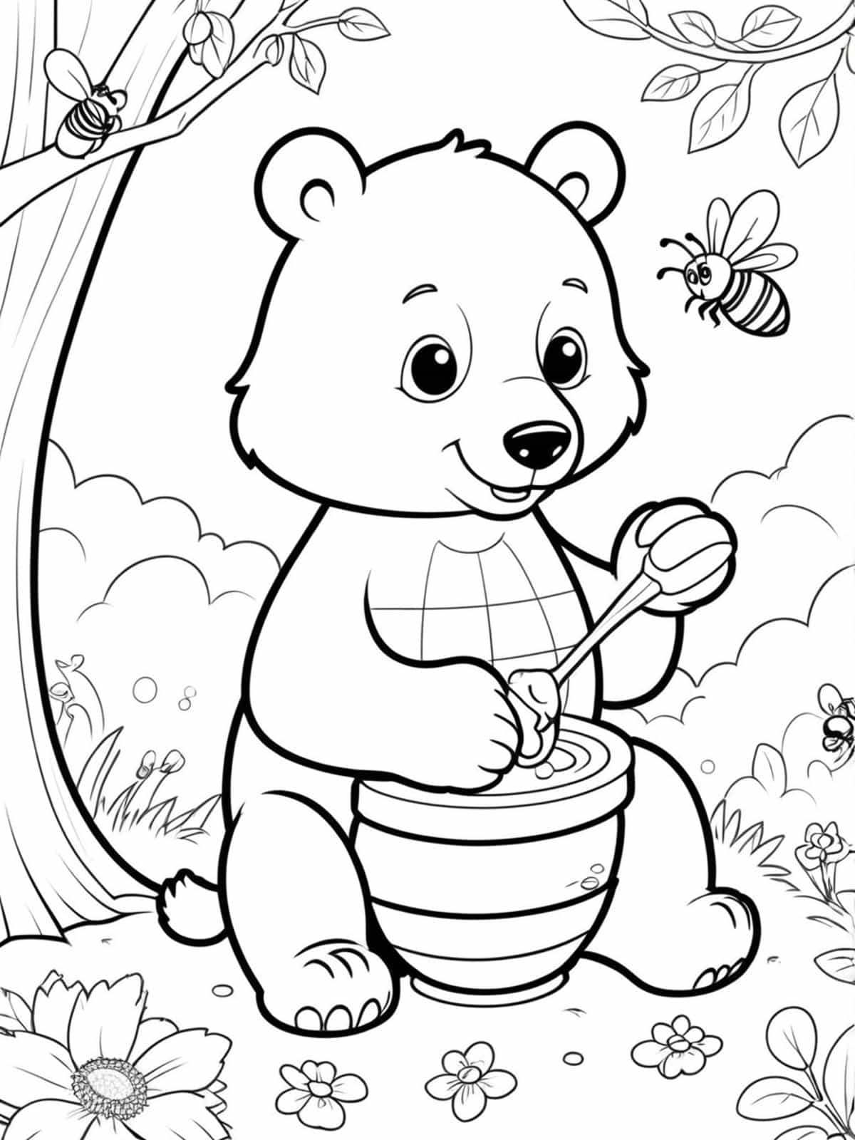 Bear Eating Honey From A Beehive Coloring Pages