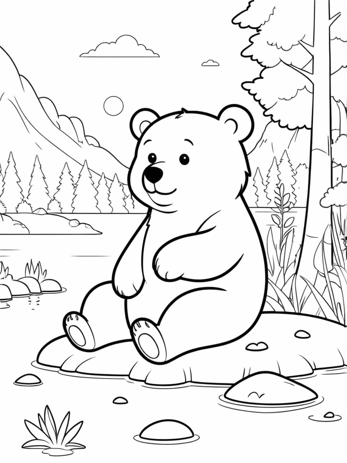 Bear Relaxing By A Lake Coloring Pages For Kids