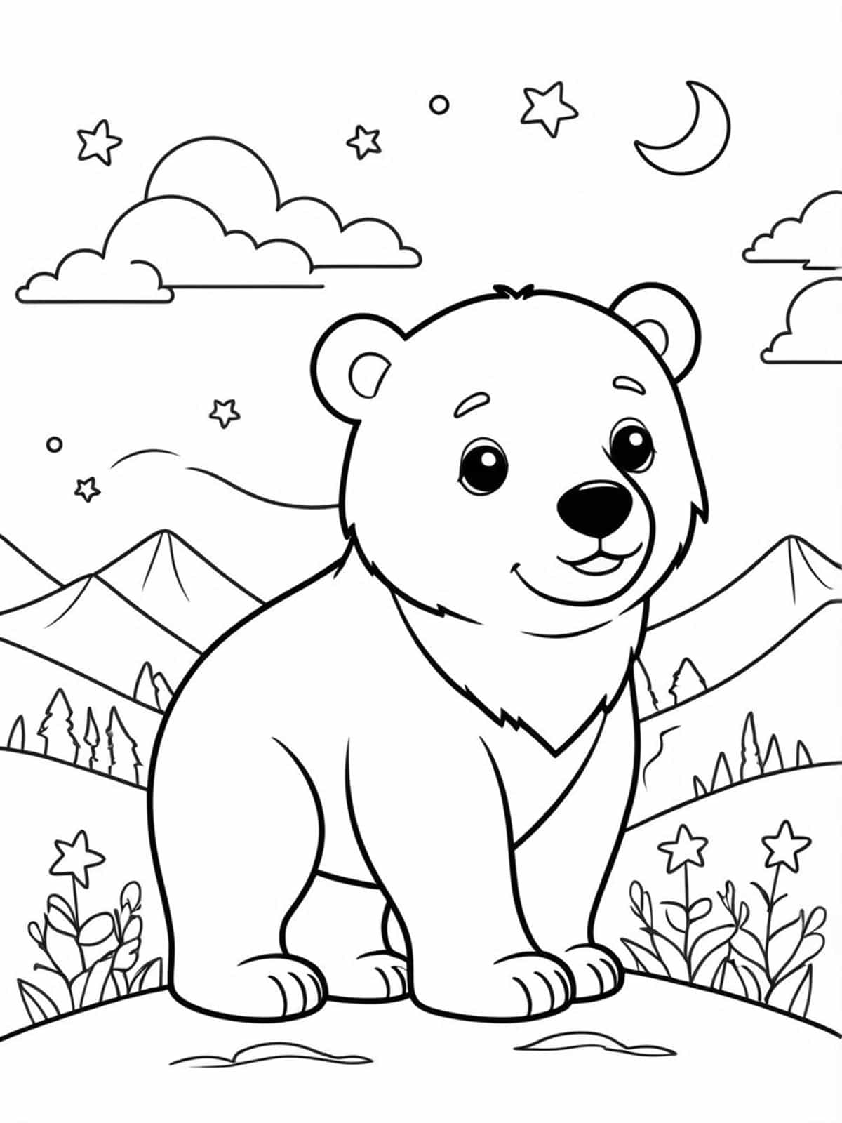 Bear With A Sunset Or Night Sky Backdrop Coloring Pages