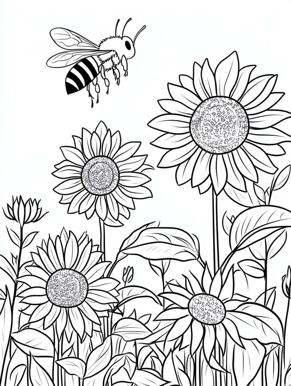 Bee And Sunflowers Coloring Pages