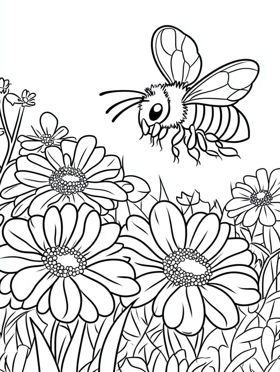 Bee Collecting Nectar From Flowers Coloring Pages