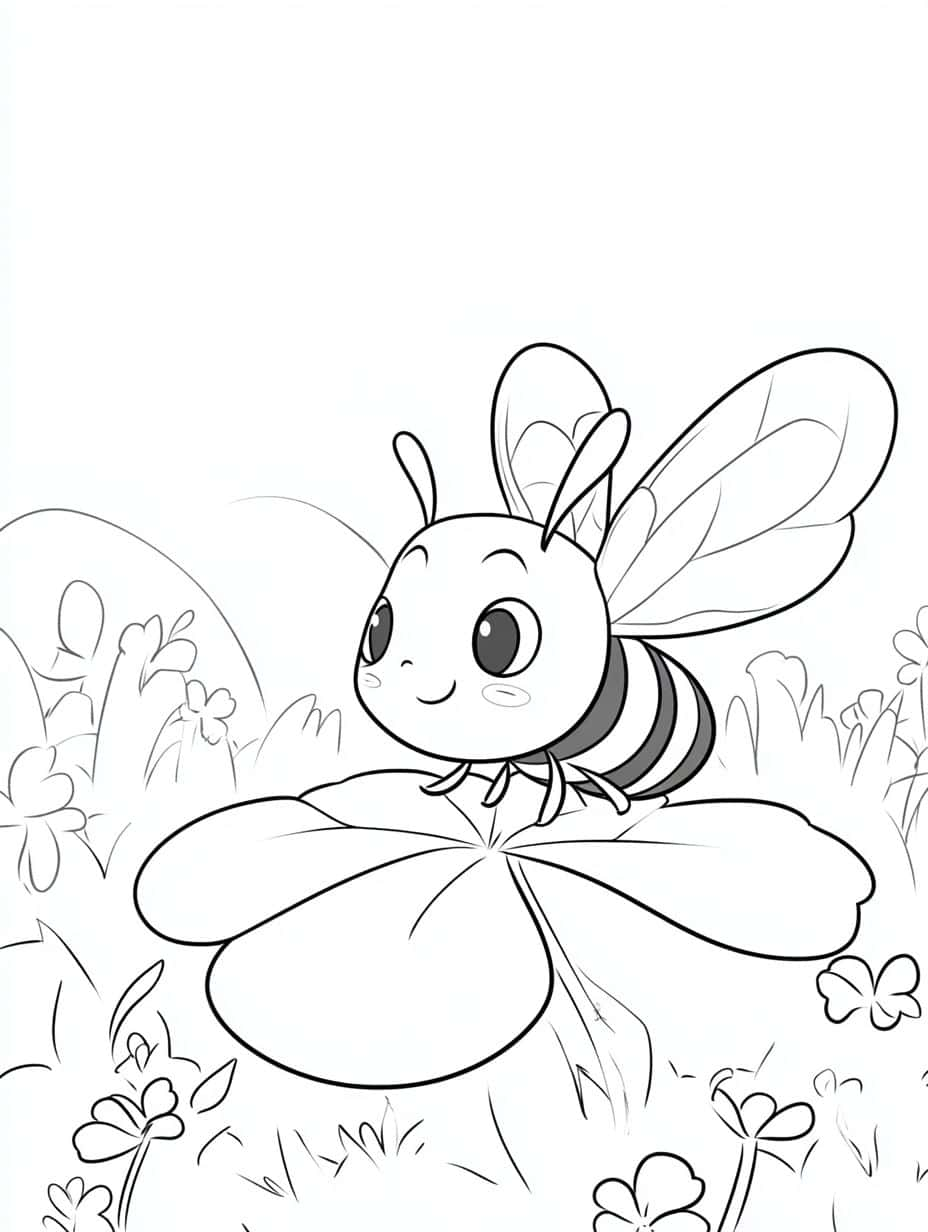 Bee Exploring A Giant Clover Leaf Coloring Pages