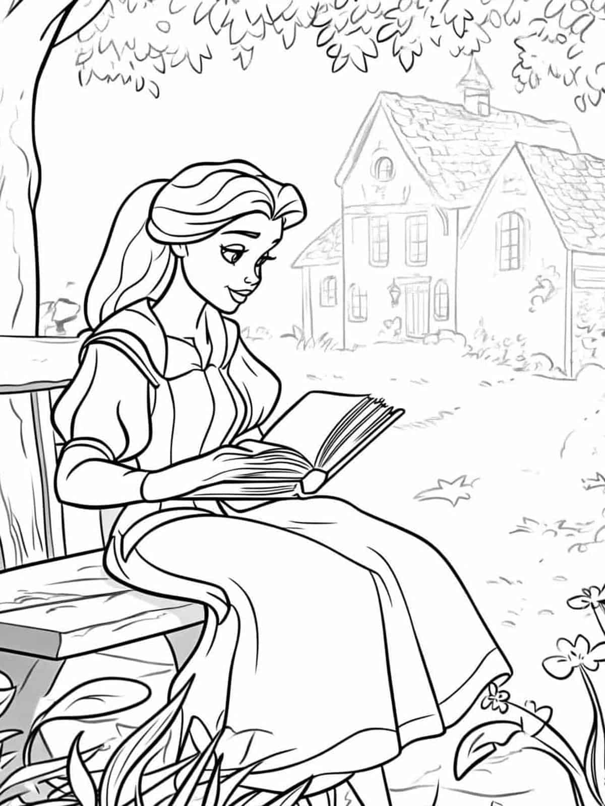 Belle Reading Bench Coloring Pages